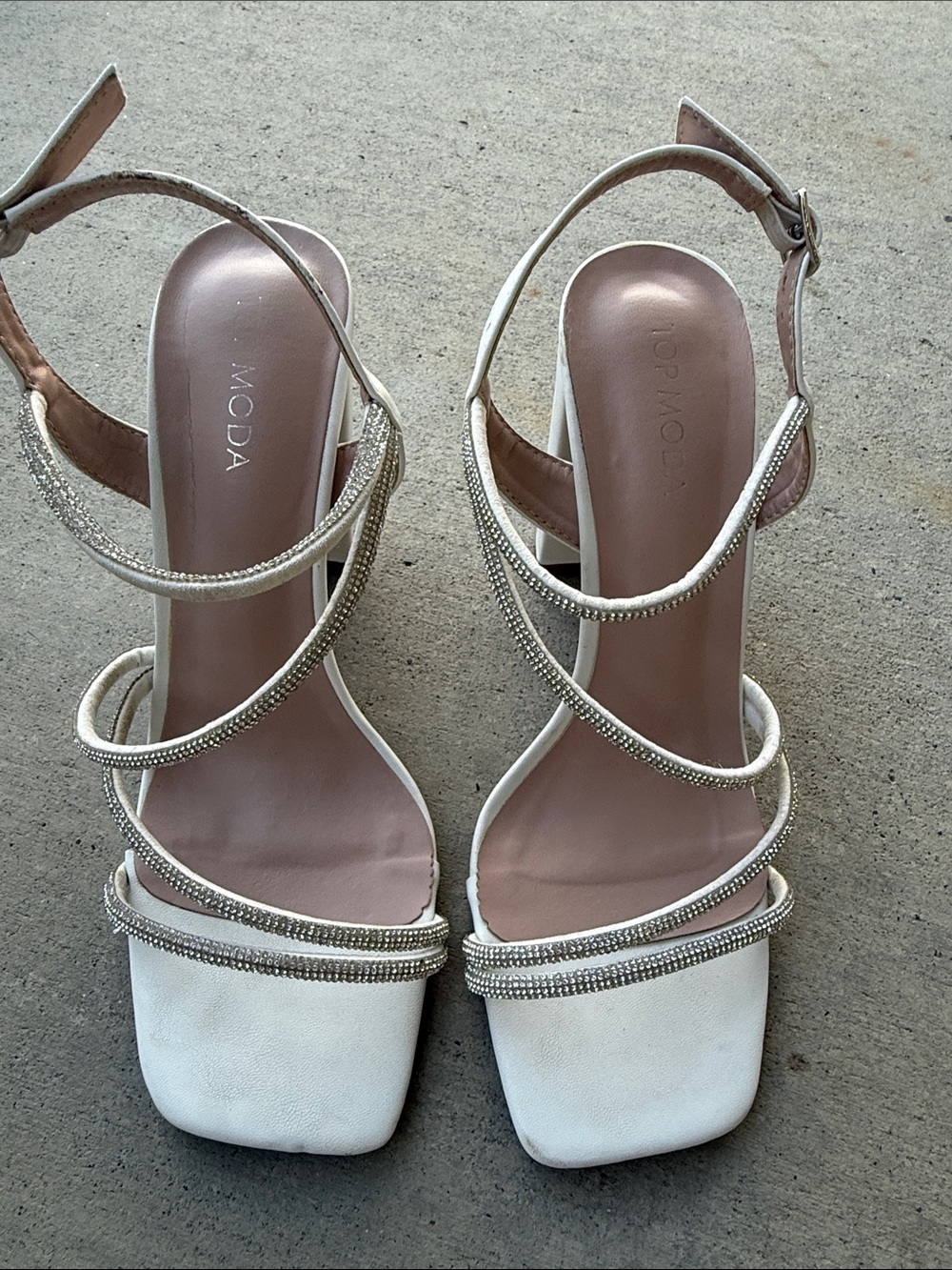 Moda Ivory Strappy Crystal-Embellished Block Heel Sandals